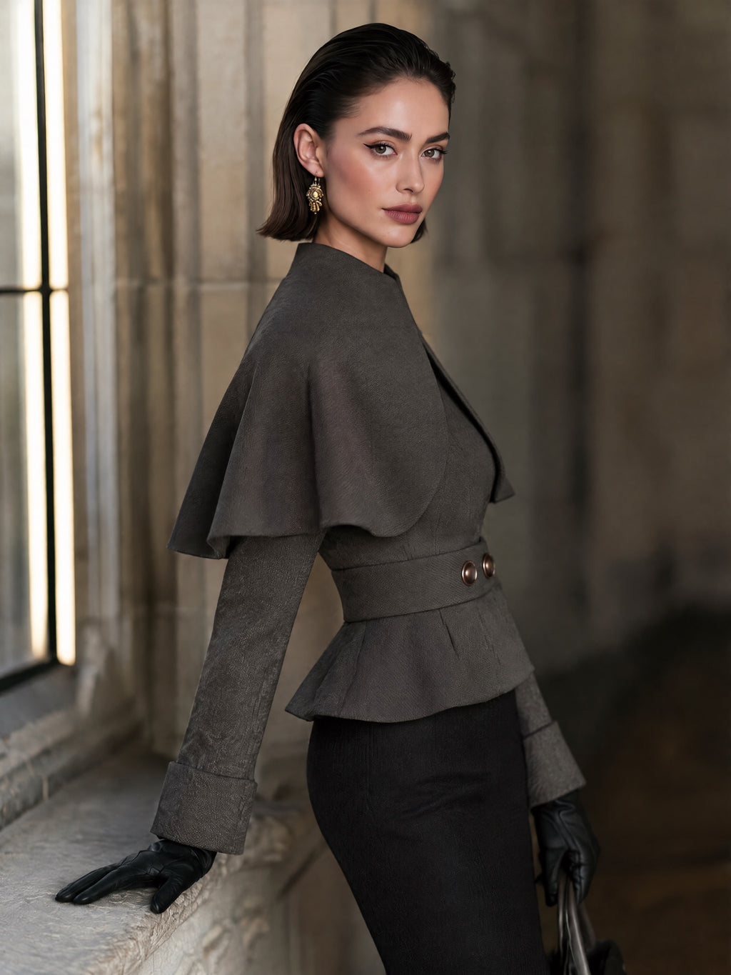 Women's Dark Brown Cape-Overlay Peplum Top with Stand Collar and Belted Waist