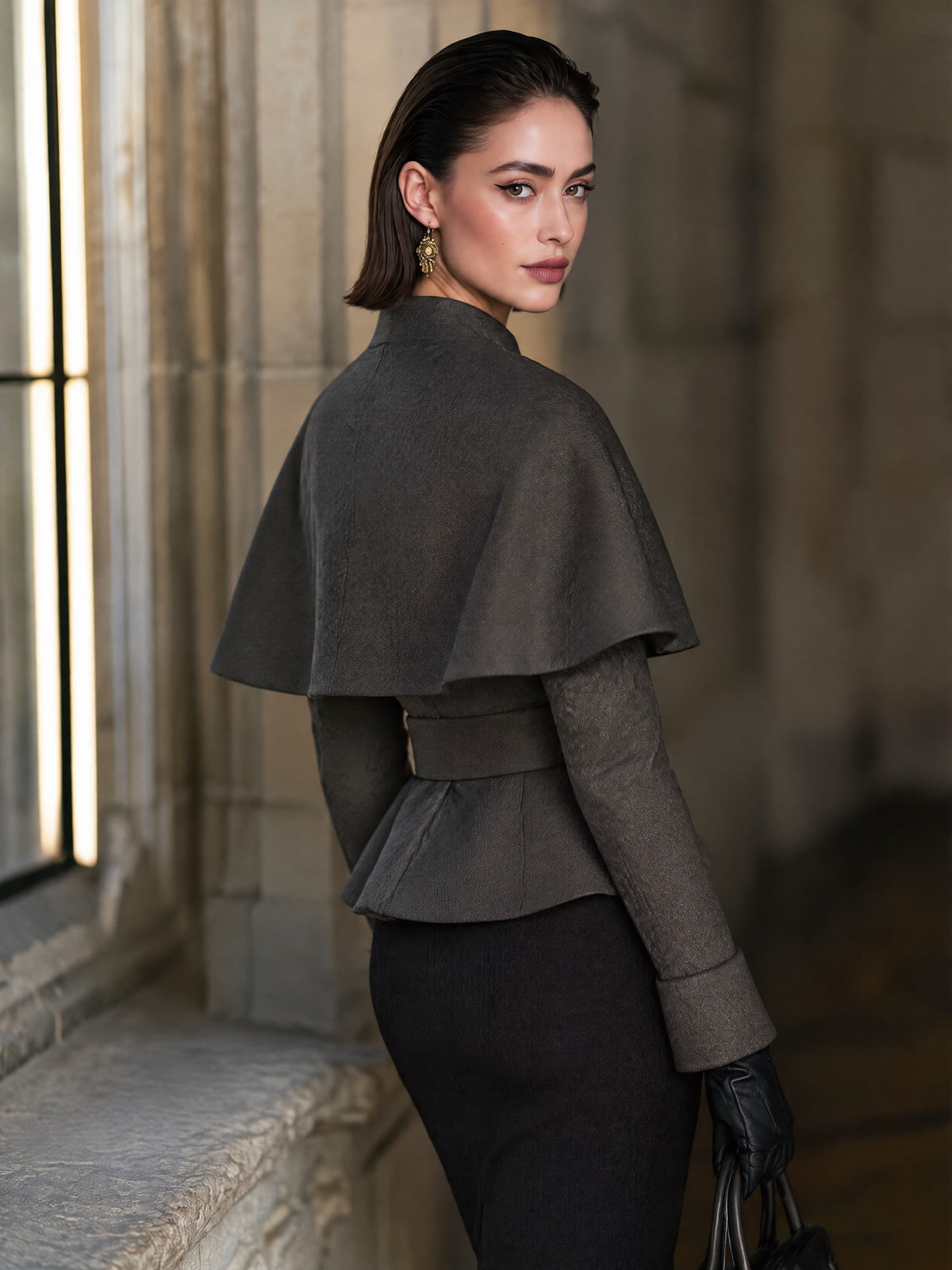Women's Dark Brown Cape-Overlay Peplum Top with Stand Collar and Belted Waist