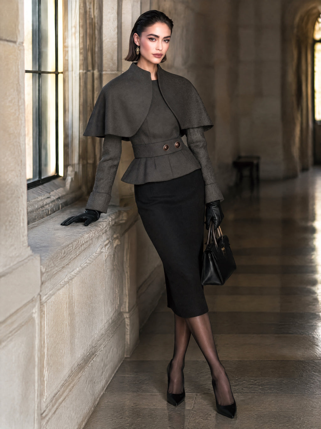 Women's Dark Brown Cape-Overlay Peplum Top with Stand Collar and Belted Waist