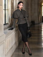 Women's Dark Brown Cape-Overlay Peplum Top with Stand Collar and Belted Waist