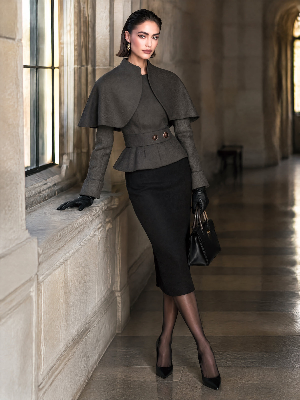 Women's Dark Brown Cape-Overlay Peplum Top with Stand Collar and Belted Waist