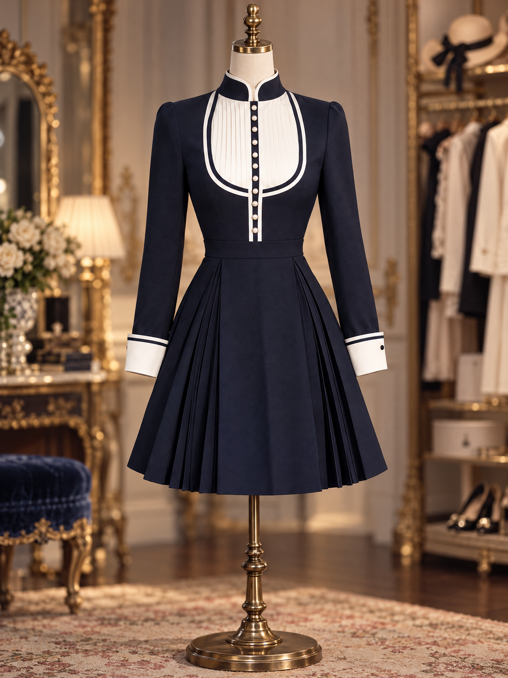 Vintage Stand Collar Contrast Long Sleeve Pleated Mini Dress