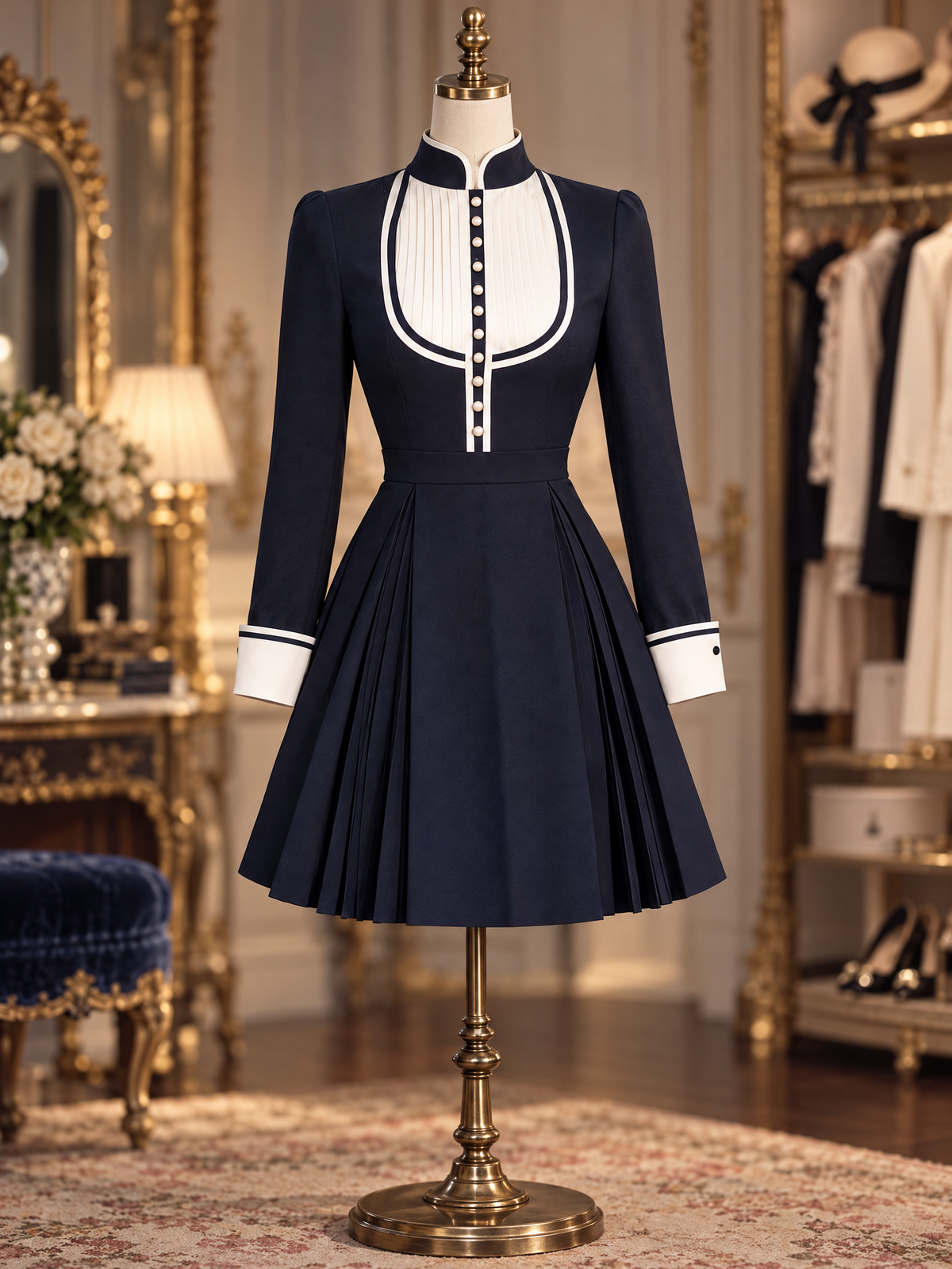 Vintage Stand Collar Contrast Long Sleeve Pleated Mini Dress
