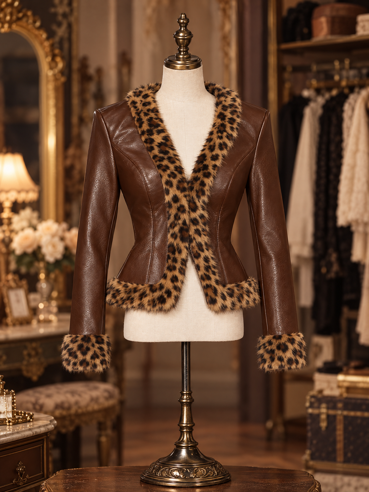 Vintage Thick Lining PU Leopard Faux Fur Edge Cropped Jacket