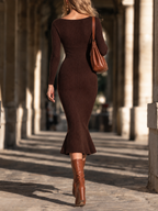 Vintage Button Detail Boat Neck Knit Midi Dress
