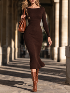 Vintage Button Detail Boat Neck Knit Midi Dress