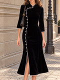 Vintage Black Velvet Pearl Button Mandarin Collar Dress