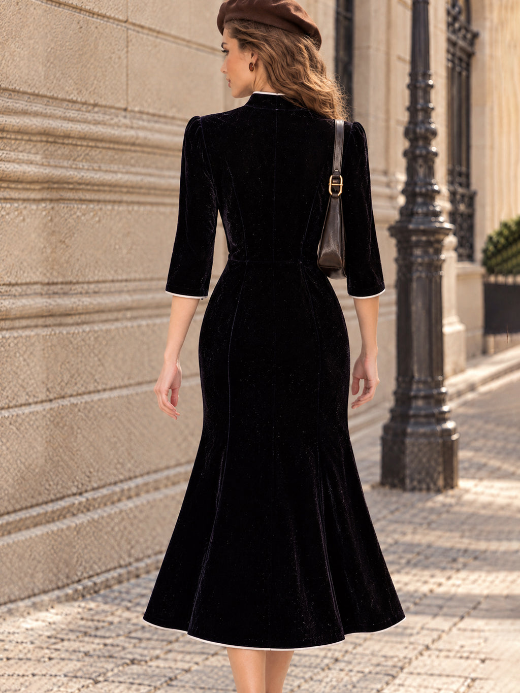 Vintage Black Velvet Pearl Button Mandarin Collar Dress
