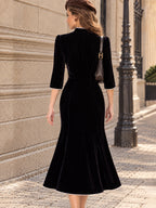 Vintage Black Velvet Pearl Button Mandarin Collar Dress