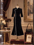 Vintage Black Velvet Pearl Button Mandarin Collar Dress