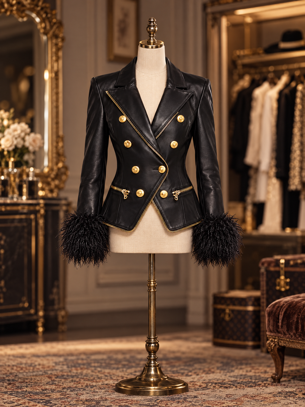 Vintage Windproof Faux Leather Gold Zip Faux Fur Cuff Jacket
