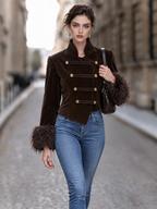 Vintage Stand Collar Double Breasted Furry Cuff Fall Winter Coat