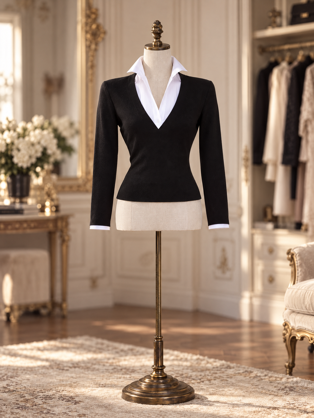 Vintage Fake Two Piece Knit Contrast Collar Slim Blouse