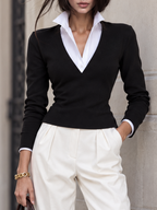 Vintage Fake Two Piece Knit Contrast Collar Slim Blouse