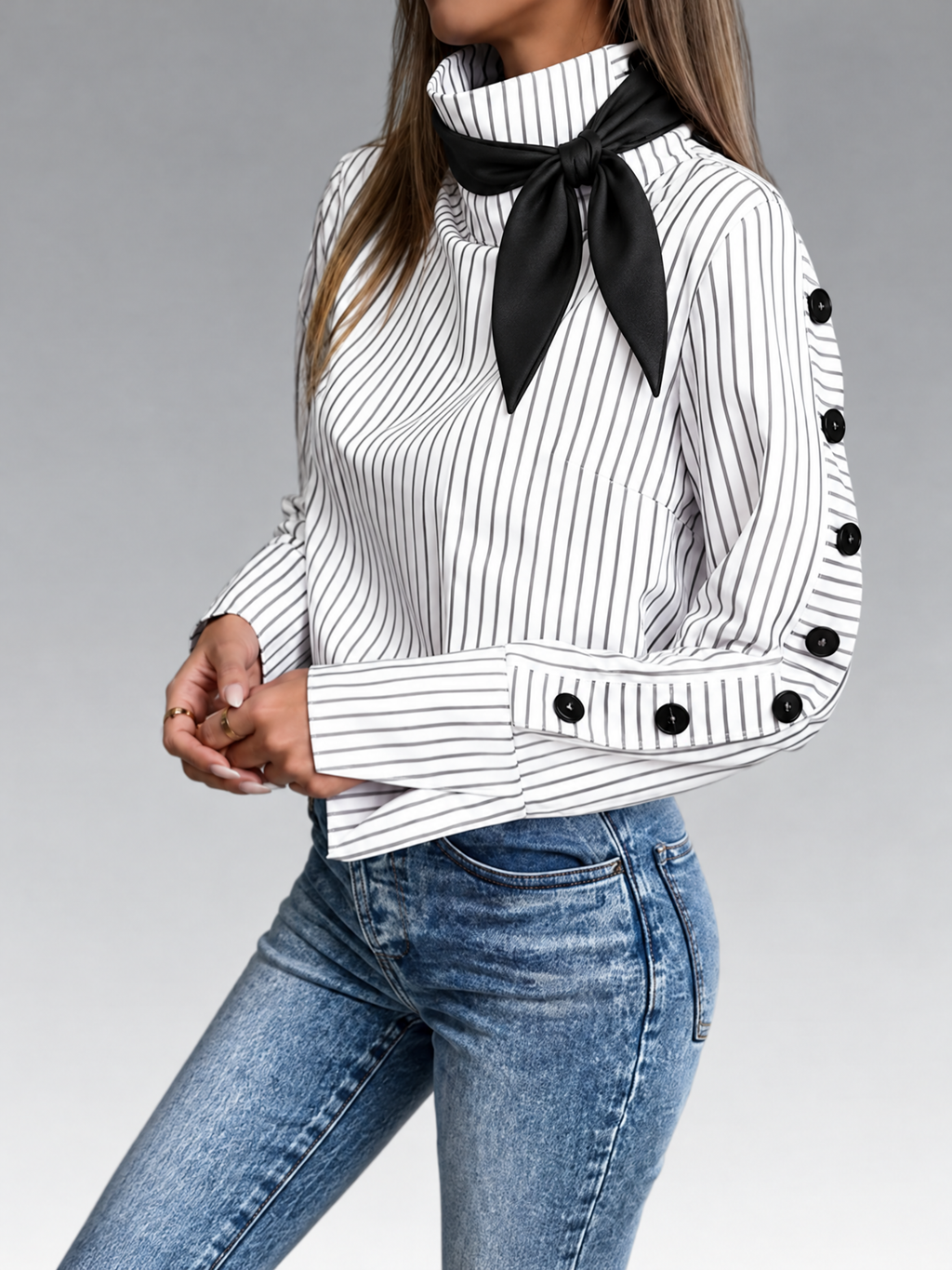 Vintage Vertical Stripe Bow Neck Side Button Slim Blouse