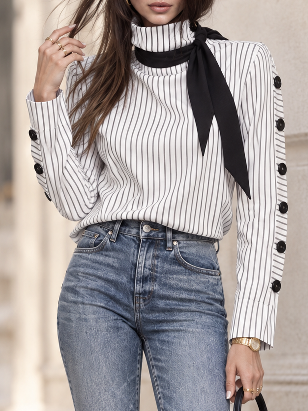 Vintage Vertical Stripe Bow Neck Side Button Slim Blouse