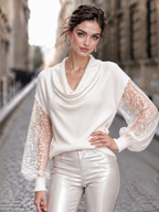 Vintage Sequin Mesh Panel Cowl Neck Knit Top