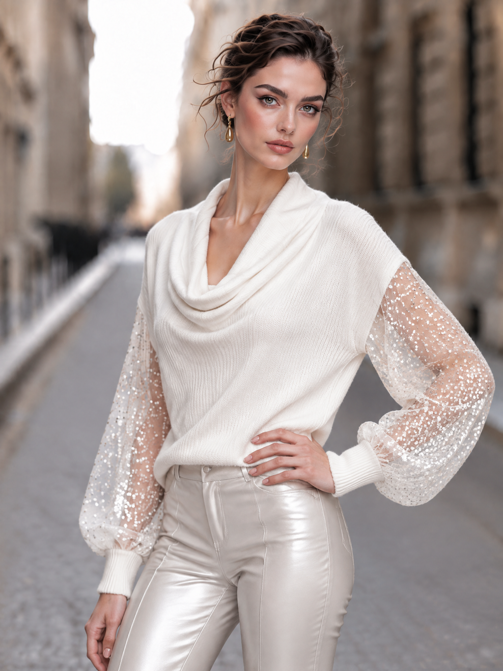 Vintage Sequin Mesh Panel Cowl Neck Knit Top