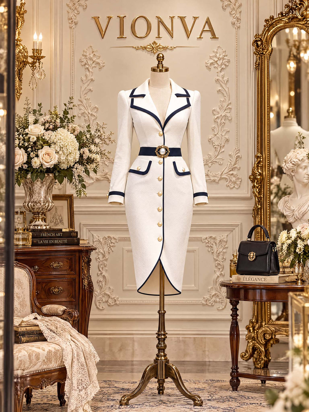 Vintage Navy Trim Midi Coat