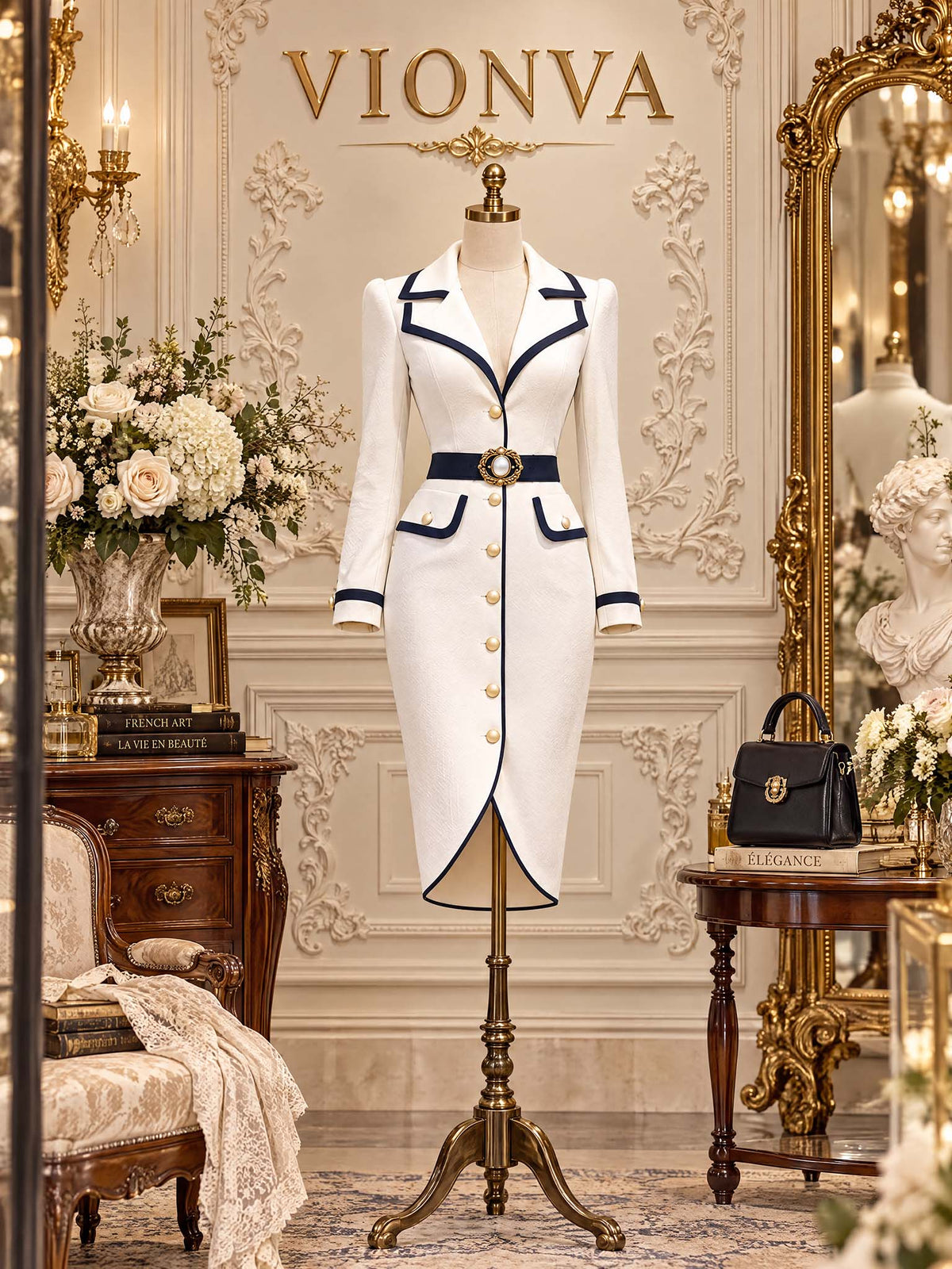 Vintage Navy Trim Midi Coat