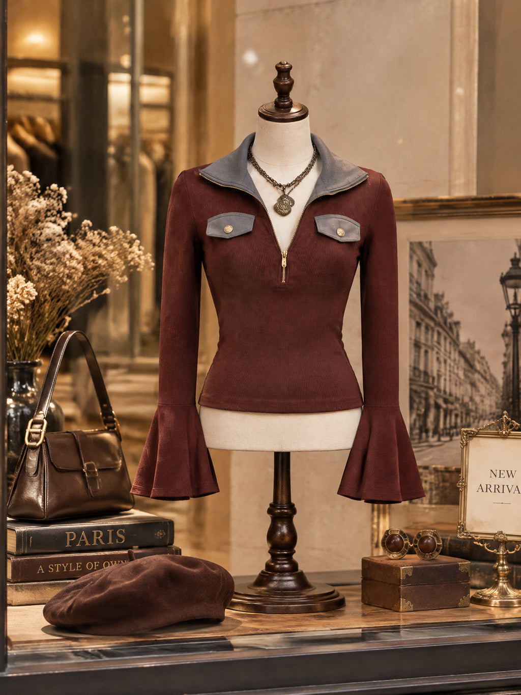 Vintage Burgundy Ribbed Knit Zip Bell Sleeve Top