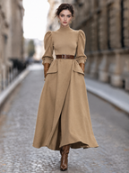 Vintage Turtleneck Knit Splice Side Slit Maxi Dress