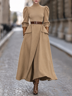 Vintage Turtleneck Knit Splice Side Slit Maxi Dress