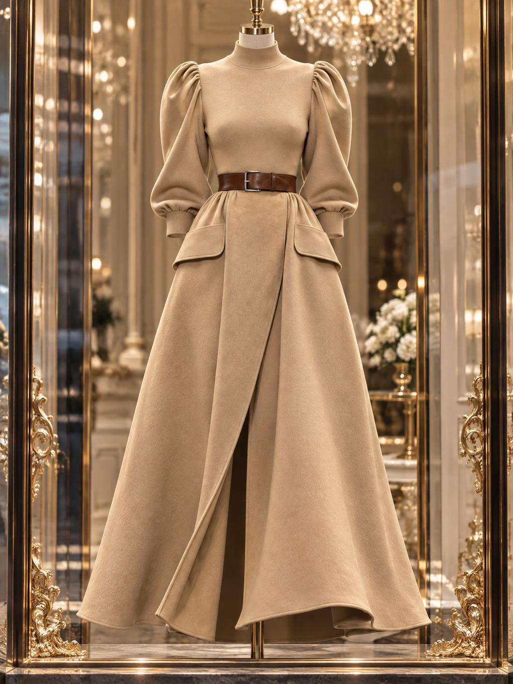 Vintage Turtleneck Knit Splice Side Slit Maxi Dress