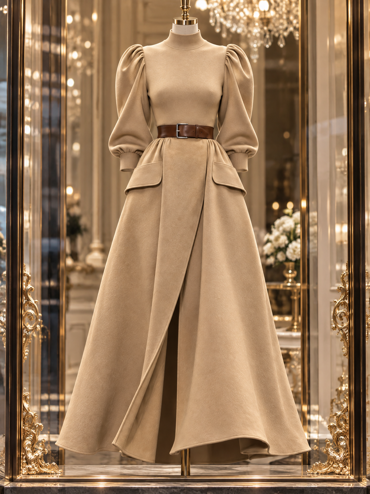 Vintage Turtleneck Knit Splice Side Slit Maxi Dress