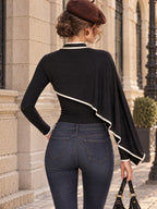 Vintage Black Ribbed Knit Asymmetric Cape Sleeve Top
