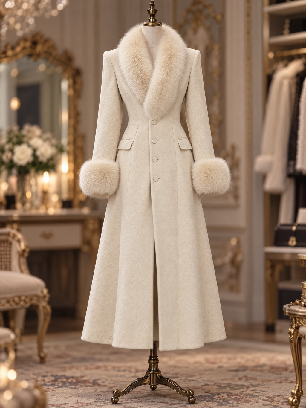 Vintage Fitted Wool Blend Faux Fur Trim Maxi Winter Coat