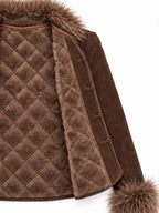 Vintage Faux Suede Fleece Lined Mandarin Collar Faux Fur Trim Jacket