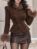 Vintage Faux Suede Fleece Lined Mandarin Collar Faux Fur Trim Jacket