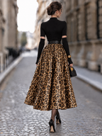 Vintage Knit Splice Sequin Leopard Print Midi Dress