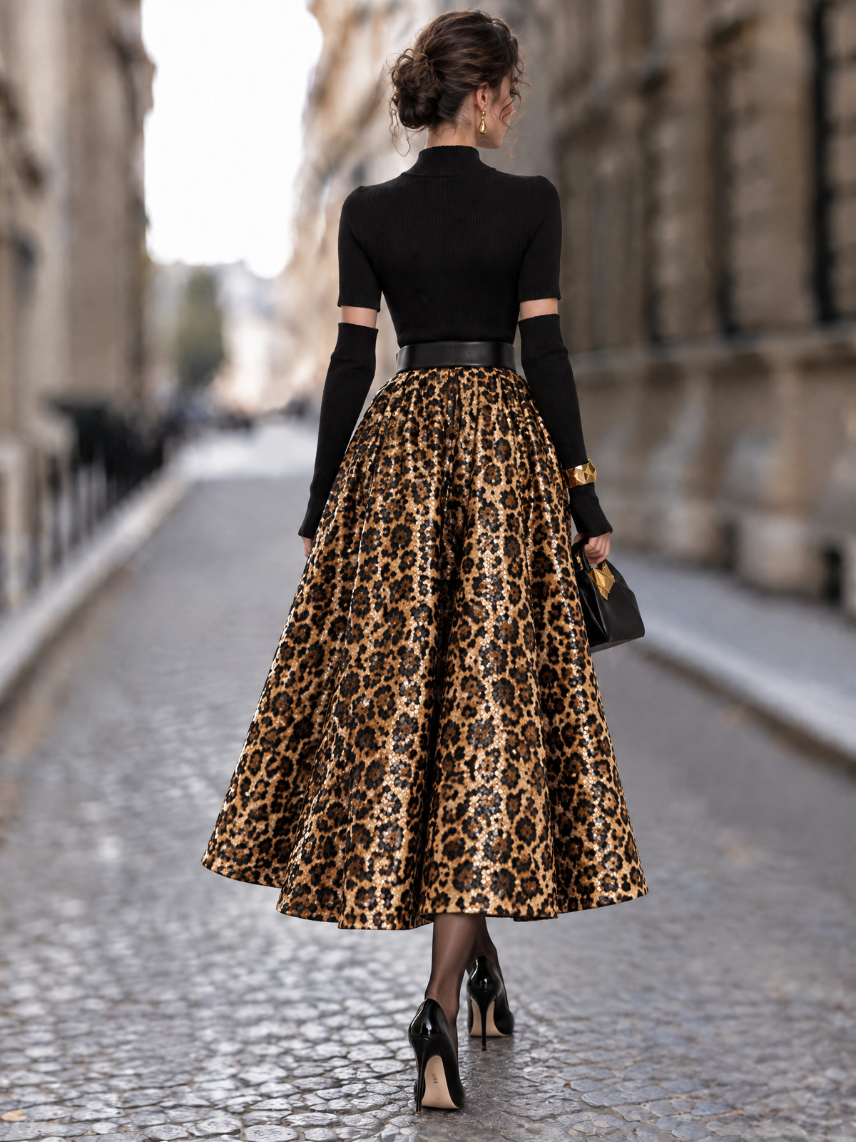 Vintage Knit Splice Sequin Leopard Print Midi Dress