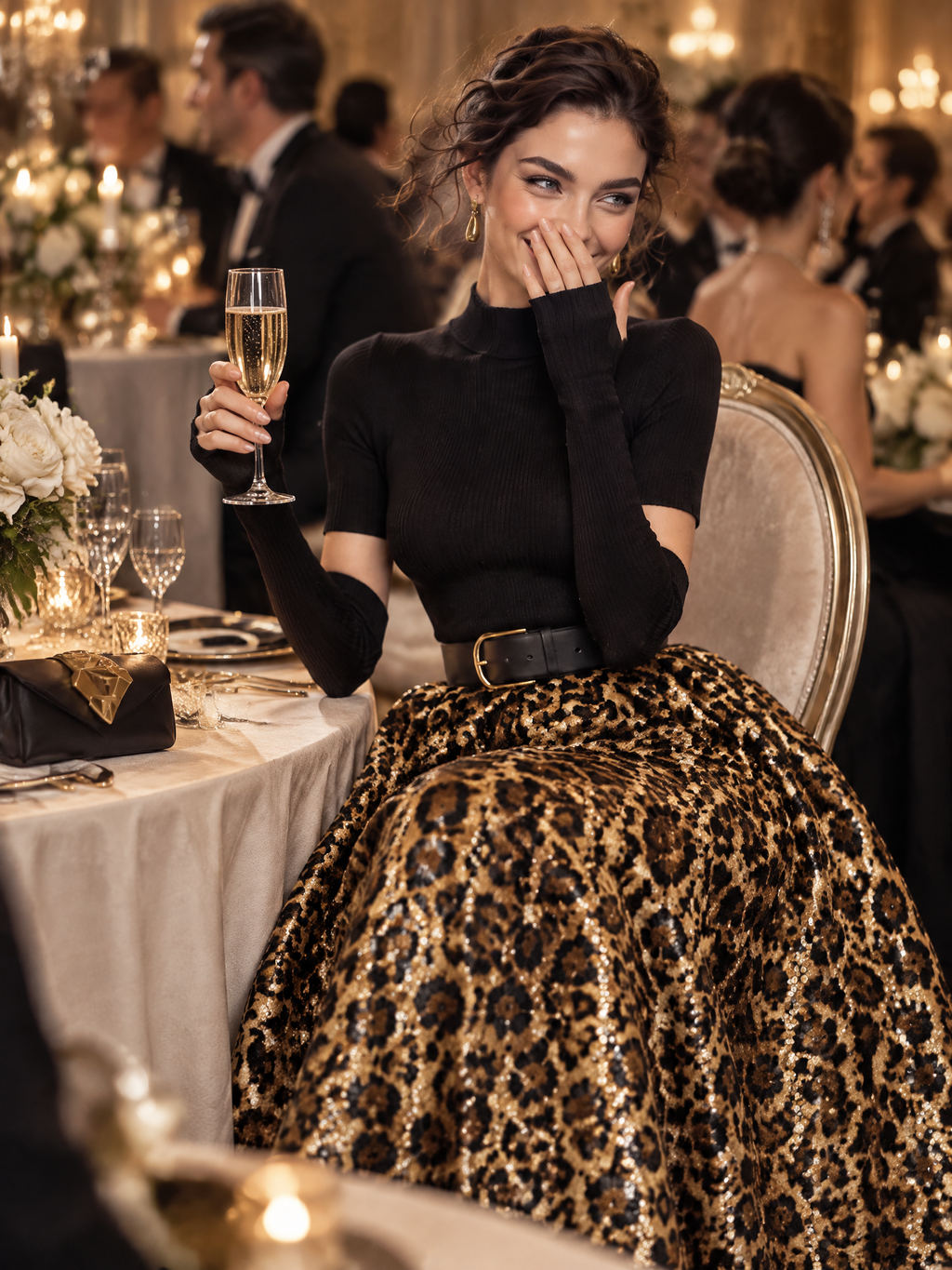 Vintage Knit Splice Sequin Leopard Print Midi Dress