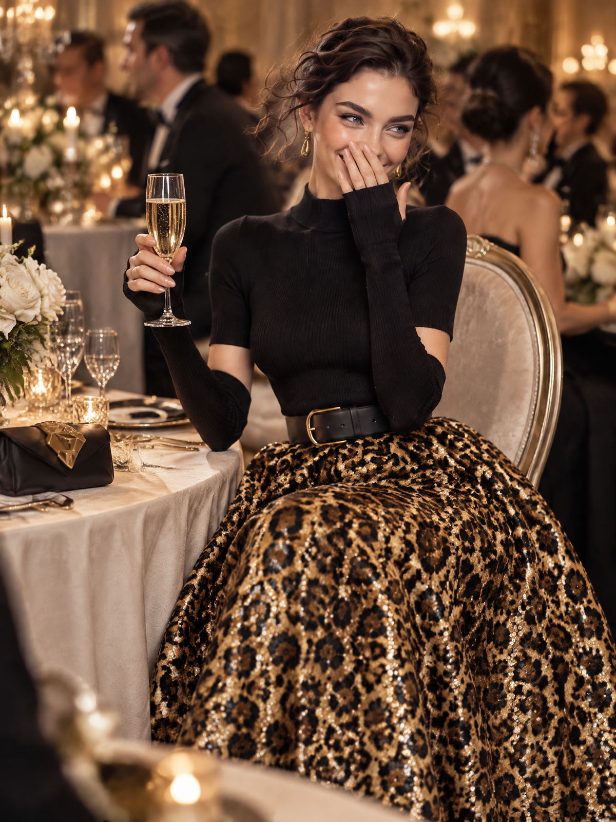 Vintage Knit Splice Sequin Leopard Print Midi Dress