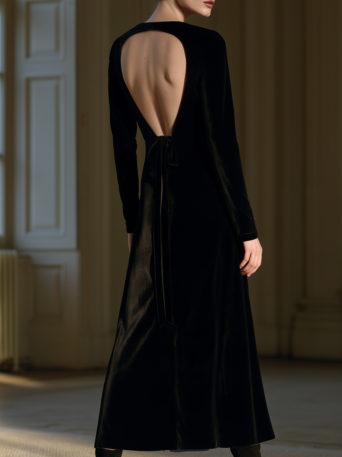 Vintage Black Velvet Long Sleeve Open Back Midi Dress
