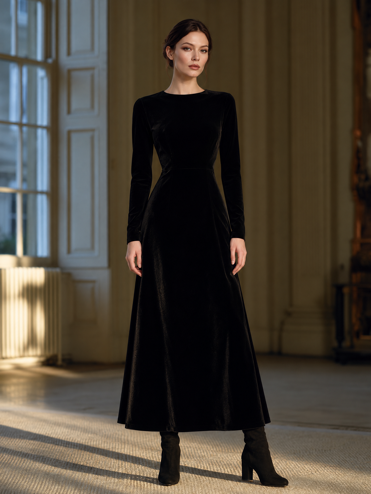 Vintage Black Velvet Long Sleeve Open Back Midi Dress