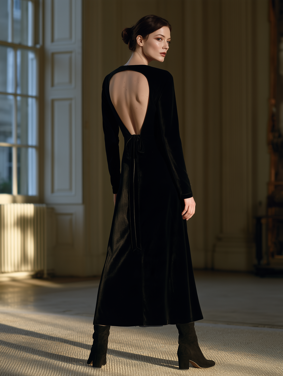 Vintage Black Velvet Long Sleeve Open Back Midi Dress