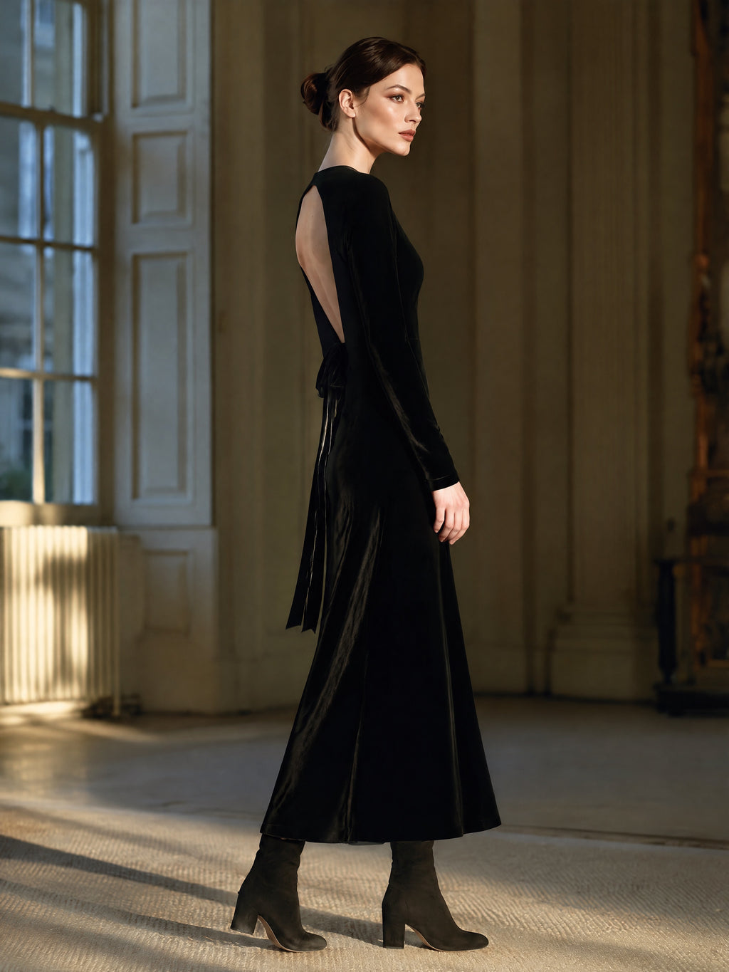 Vintage Black Velvet Long Sleeve Open Back Midi Dress