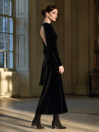Vintage Black Velvet Long Sleeve Open Back Midi Dress