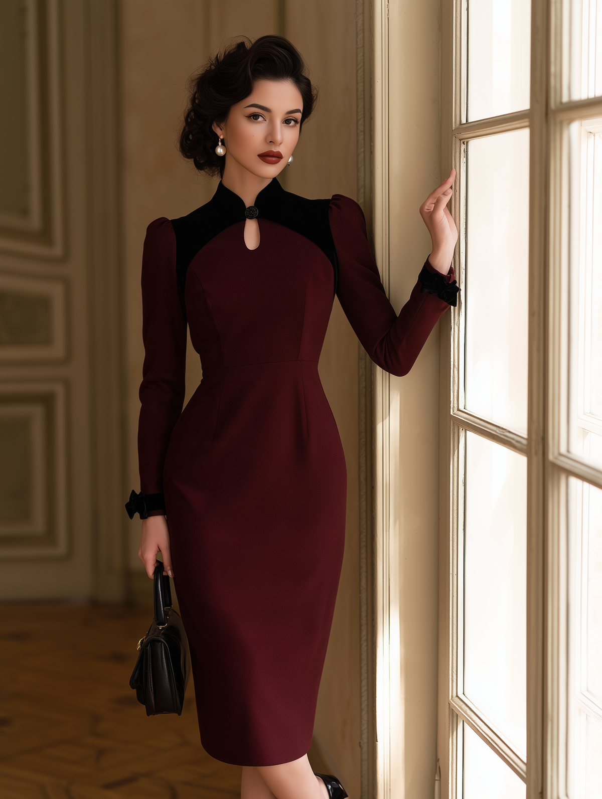 Vintage Burgundy Long Sleeve Black Contrast Yoke and Keyhole Neckline Midi Dress