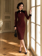 Vintage Burgundy Long Sleeve Black Contrast Yoke and Keyhole Neckline Midi Dress