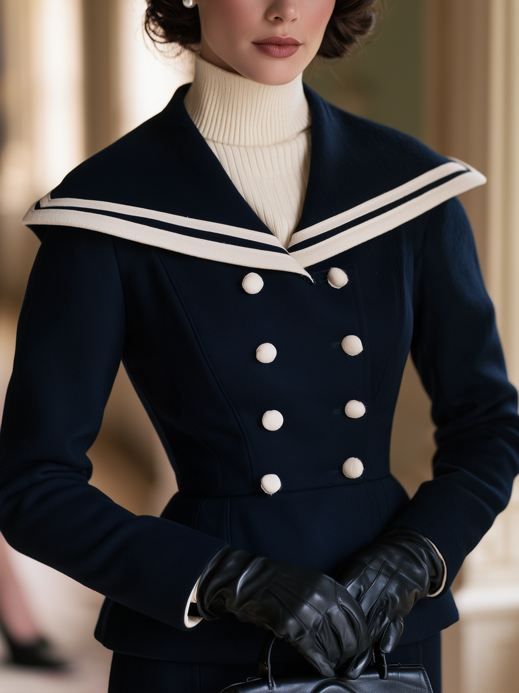 Vintage Wool Blend Navy Double-Breasted Sailor Collar Coat
