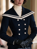 Vintage Wool Blend Navy Double-Breasted Sailor Collar Coat