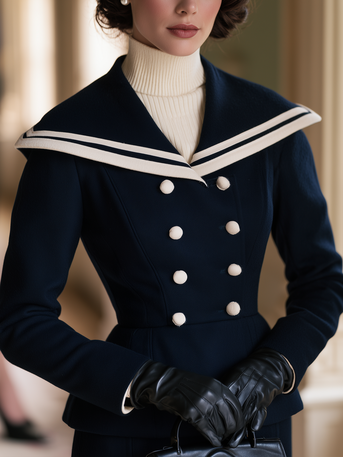 Vintage Wool Blend Navy Double-Breasted Sailor Collar Coat