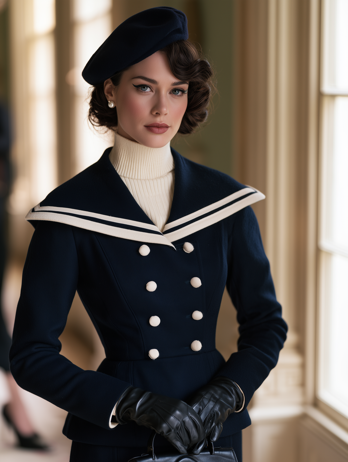 Vintage Wool Blend Navy Double-Breasted Sailor Collar Coat