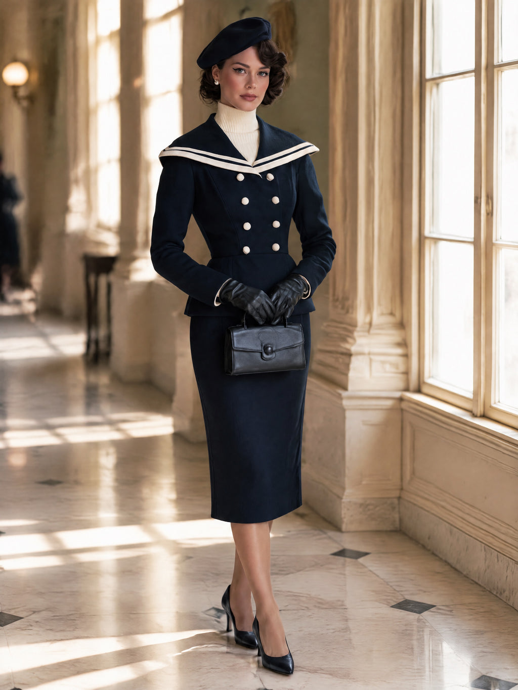 Vintage Wool Blend Navy Double-Breasted Sailor Collar Coat