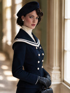 Vintage Wool Blend Navy Double-Breasted Sailor Collar Coat